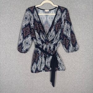 Emi‎ Joe Babydoll Top Large Navy Stretch Paisley Floral Wrap Tie Cottage Boho